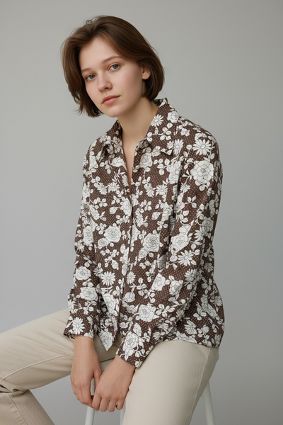 1960s ST MICHAEL BROWN AND WHITE FLORAL SHIRT