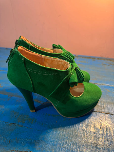TOYAH GREEN HIGH HEELED SHOES WITH BOW