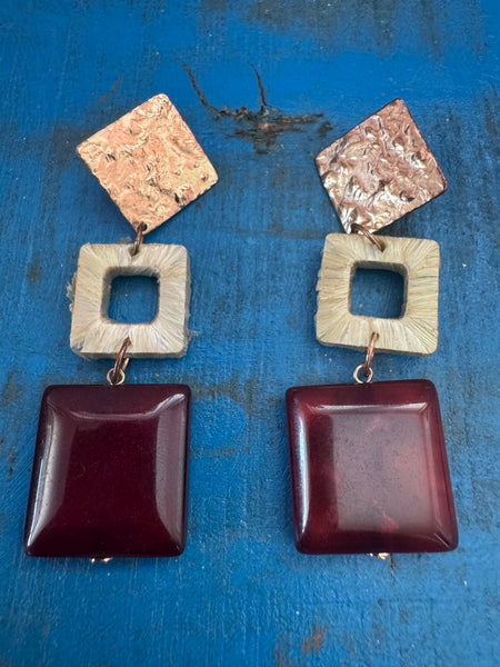 VINTAGE BURGUNDY AND GOLD LARGE DANGLE EARRINGS