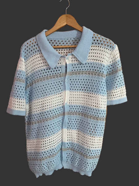 BLUE AND WHITE CROCHET STYLE STRIPED TOP