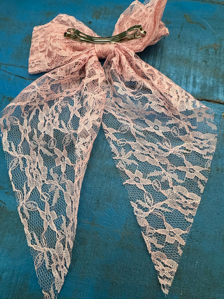 LARGE VINTAGE PINK LACE HAIR BOW