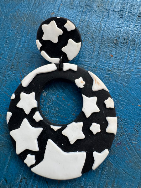 BLACK AND WHITE POLYMER CLAY STAR EARRINGS FOR PIERCED EARS
