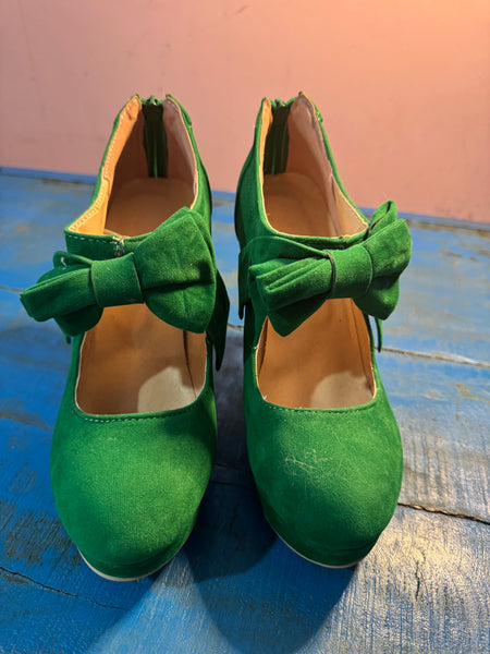 TOYAH GREEN HIGH HEELED SHOES WITH BOW