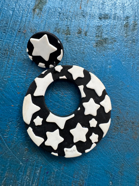BLACK AND WHITE POLYMER CLAY STAR EARRINGS FOR PIERCED EARS