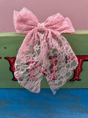 LARGE VINTAGE PINK LACE HAIR BOW