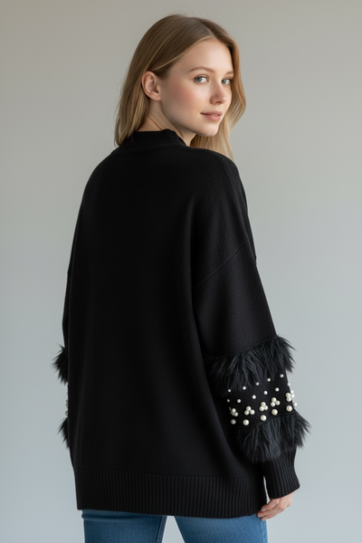 QUIZ LONG BLACK JUMPER WITH PEARLS