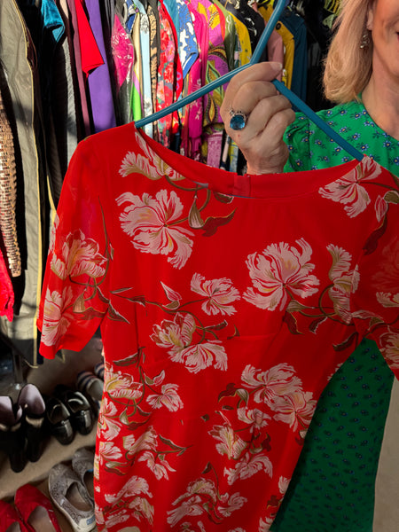 TOYAH HOBBS RED SILK FLORALS DRESS WORN ON TOUR