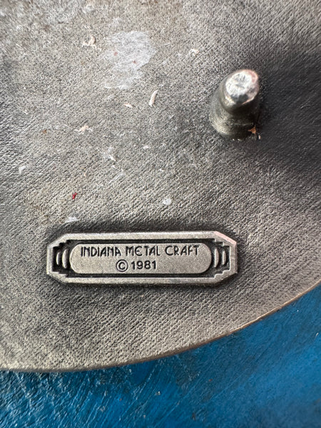 1981 VINTAGE BROWN LEATHER BELT WITH SILVER COWBOY BUCKLE