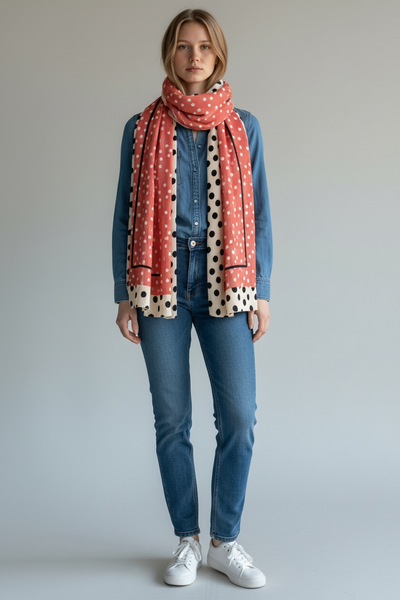 LARGE ORANGE AND BLACK POLKA DOT SCARF