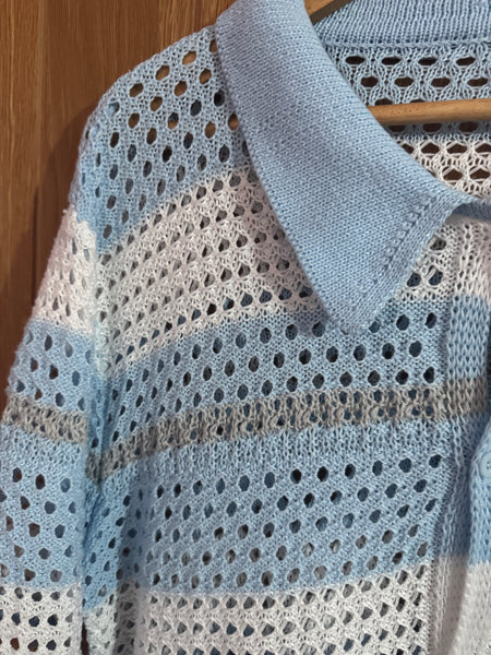 BLUE AND WHITE CROCHET STYLE STRIPED TOP