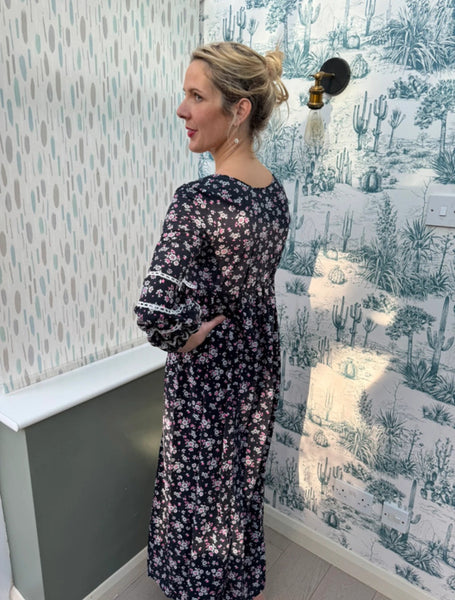 1960s NAVY BLUE MAXI DRESS WITH DITSY PRINT