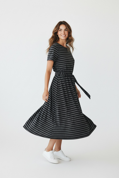 MODCLOTH BLACK AND METALLIC SILVER STRIPE DRESS