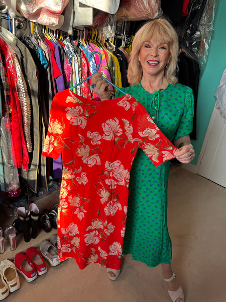 TOYAH HOBBS RED SILK FLORALS DRESS WORN ON TOUR