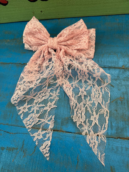 LARGE VINTAGE PINK LACE HAIR BOW