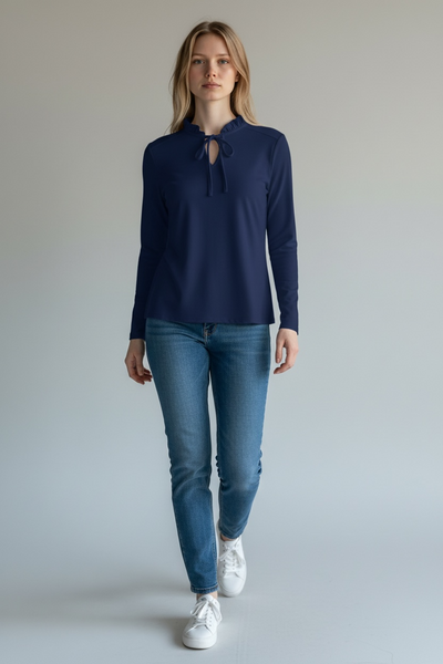 1960s NAVY BLUE TOP WITH RUFFLE COLLAR