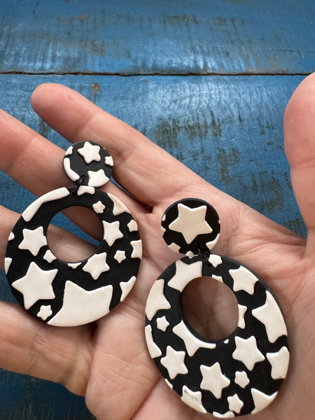 BLACK AND WHITE POLYMER CLAY STAR EARRINGS FOR PIERCED EARS