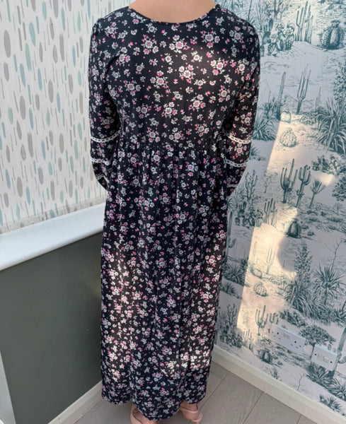 1960s NAVY BLUE MAXI DRESS WITH DITSY PRINT