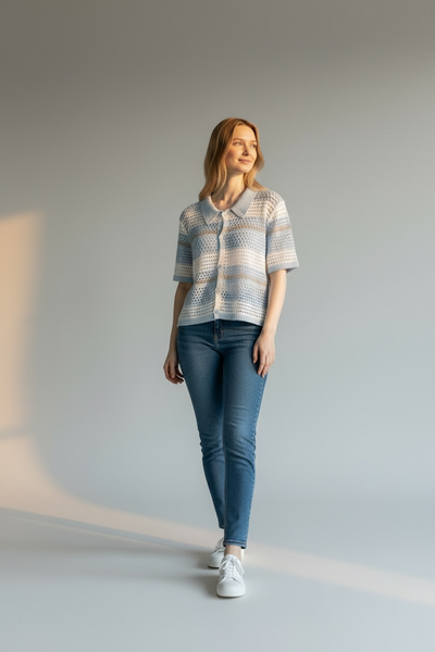 BLUE AND WHITE CROCHET STYLE STRIPED TOP