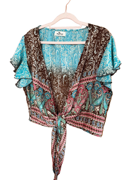 BIGG BULL SILK MIX BLUE AND PINK WRAP TOP