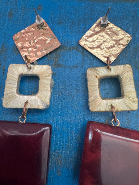 VINTAGE BURGUNDY AND GOLD LARGE DANGLE EARRINGS