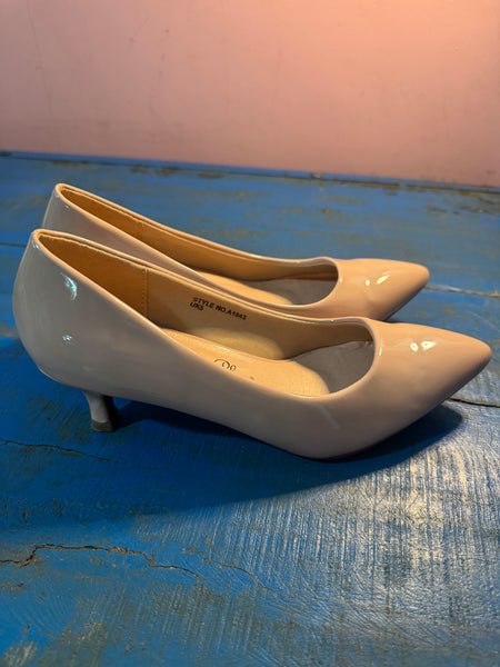 TOYAH BEIGE PATENT LOWER HEELED SHOES
