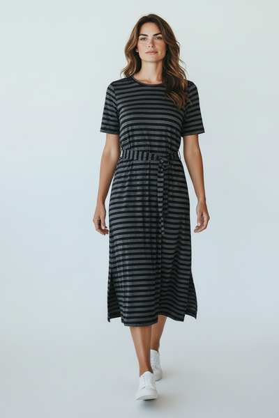 MODCLOTH BLACK AND METALLIC SILVER STRIPE DRESS