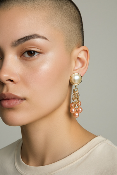 1980s PAIR OF CLIP ON PEARL EARRINGS WITH SHIMMER CORAL PINK  BEADS