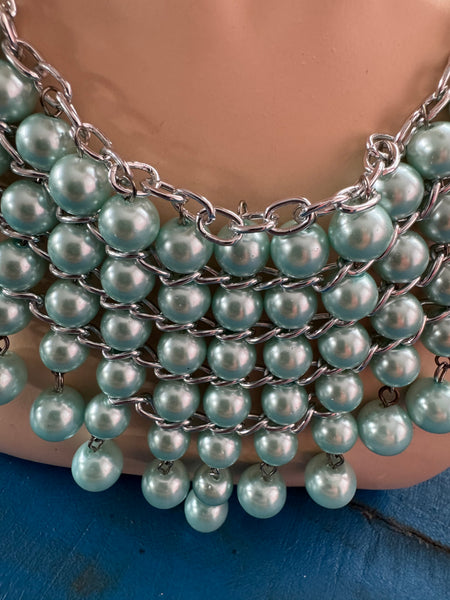 AQUA GREEN CASCADING PEARLS RETRO NECKLACE