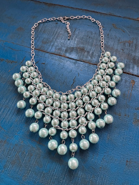 AQUA GREEN CASCADING PEARLS RETRO NECKLACE