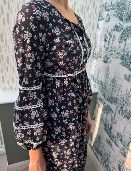 1960s NAVY BLUE MAXI DRESS WITH DITSY PRINT