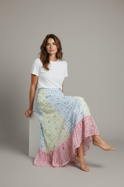 GHOST LONDON PASTEL GINGHAM CHECK AND FLORALS SKIRT XS
