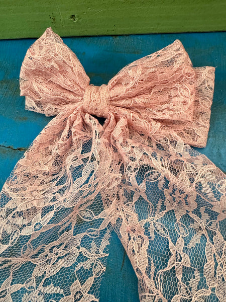 LARGE VINTAGE PINK LACE HAIR BOW