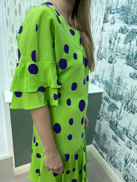 1980s PALLANT LONDON DESIGNER GREEN AND PURPLE SILK DRESS