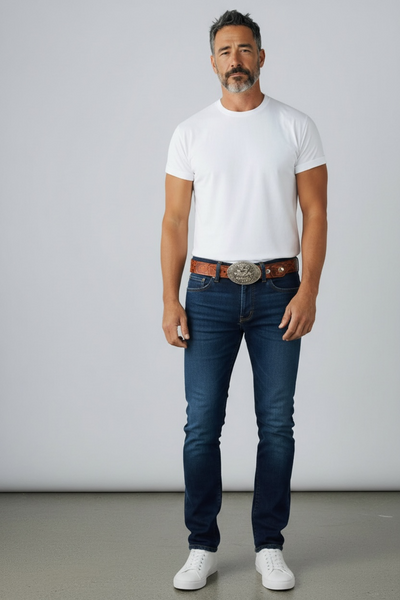 1981 VINTAGE BROWN LEATHER BELT WITH SILVER COWBOY BUCKLE