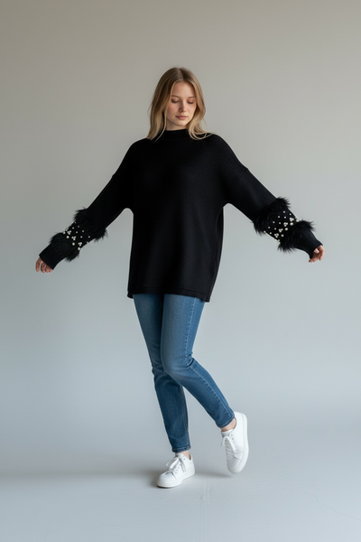 QUIZ LONG BLACK JUMPER WITH PEARLS