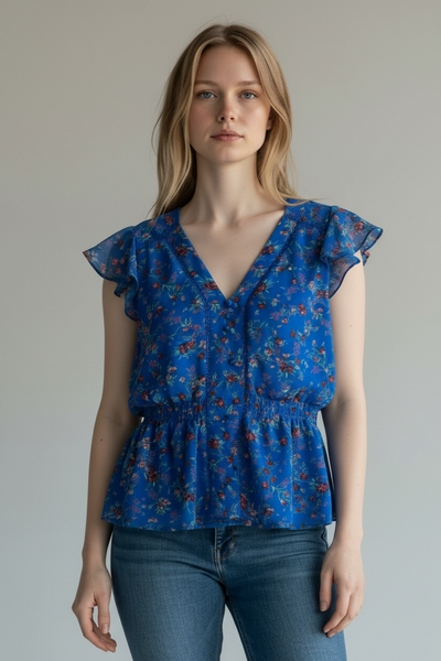 MAUVETTE BLUE AND RED DITSY FLORAL PRINT BLOUSE