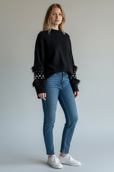 QUIZ LONG BLACK JUMPER WITH PEARLS