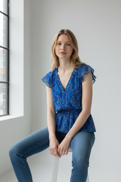 MAUVETTE BLUE AND RED DITSY FLORAL PRINT BLOUSE