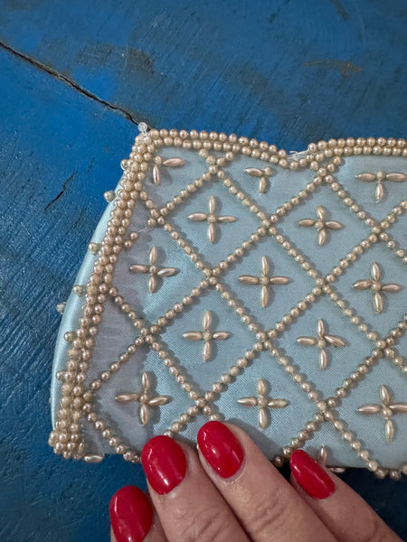 1960s VINTAGE BABY BLUE BAG WITH PEARLS