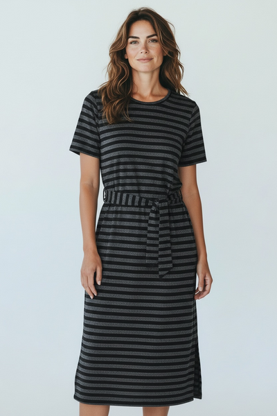 MODCLOTH BLACK AND METALLIC SILVER STRIPE DRESS