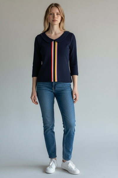 BODEN NAVY TOP WITH RAINBOW STRIPES