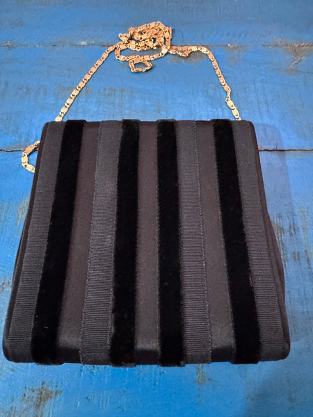 VINTAGE BLACK VELVET STRIPED EVENING BAG WITH LONG GOLD CHAIN