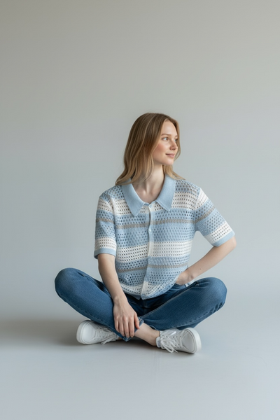 BLUE AND WHITE CROCHET STYLE STRIPED TOP