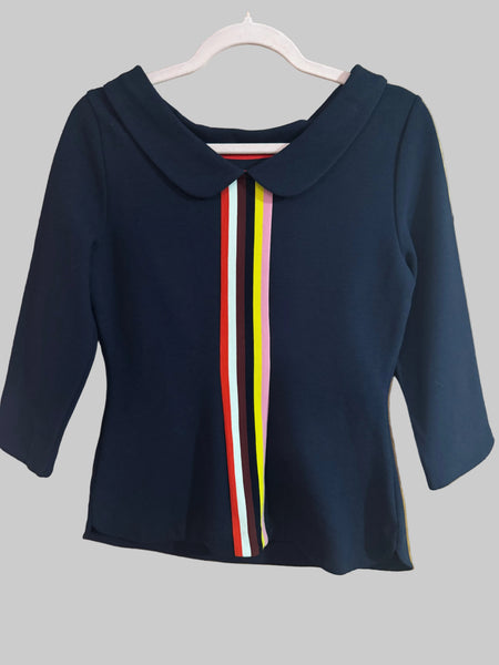 BODEN NAVY TOP WITH RAINBOW STRIPES