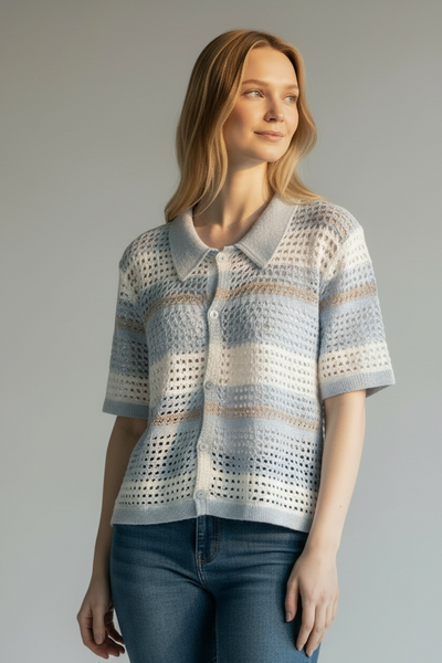 BLUE AND WHITE CROCHET STYLE STRIPED TOP