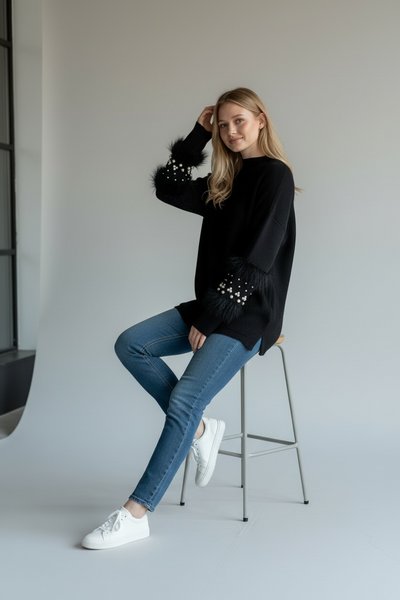 QUIZ LONG BLACK JUMPER WITH PEARLS