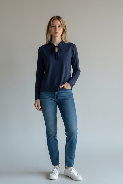 1960s NAVY BLUE TOP WITH RUFFLE COLLAR