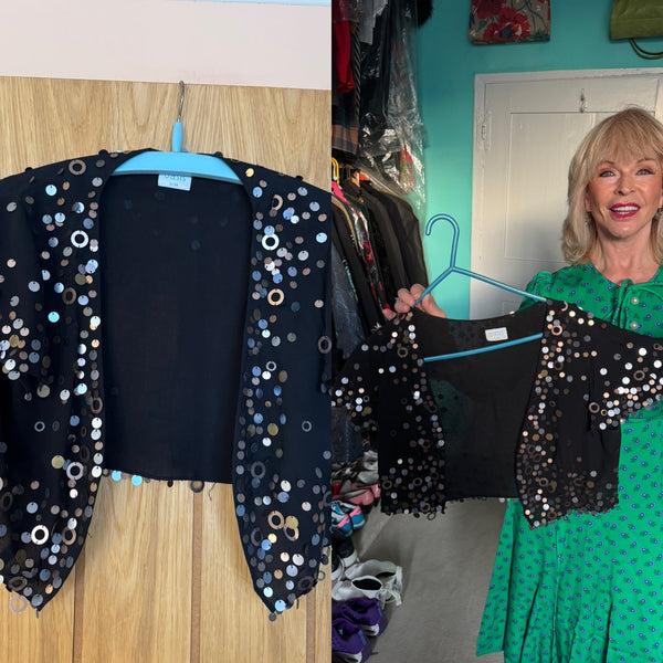 TOYAH BLACK SILK BOLERO TOP WITH SILVER AND BRONZE DISCS