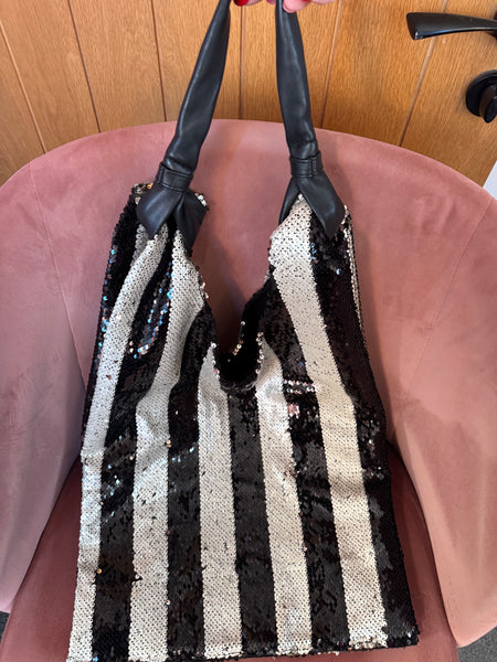 LARGE BLACK AND SILVER SEQUINNED STRIPES BAG
