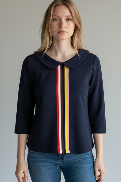 BODEN NAVY TOP WITH RAINBOW STRIPES